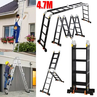 15.4 FT Foldable Platform Aluminum Ladder Multi-Purpose Folding Extension • £95.97