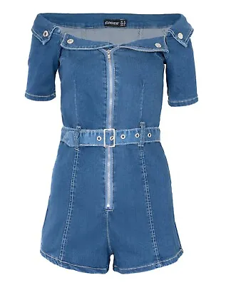 Women's Zip Front Denim Romper Body Con Bardot Playsuit Jumpsuit • £14.99