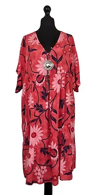 Made In Italy Lagenlook Coral Floral Boho Tiered Dress - UK 14 16 18 20 • £18.99