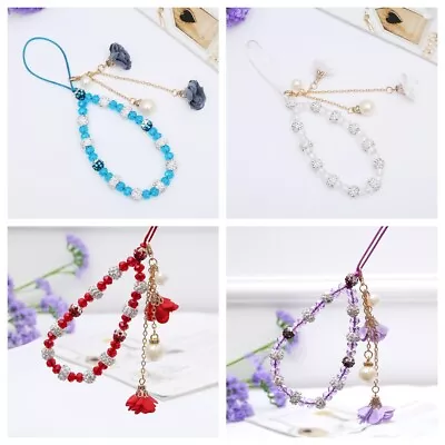 Mobile Phone Charm Crystal Rose Flower Beads Strap Cord Chain Keys Holder Gift • £4.99