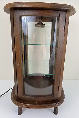 Vintage Wood Oak Table Top Curved Glass Lighted Display Curio Cabinet Canada • $292.49