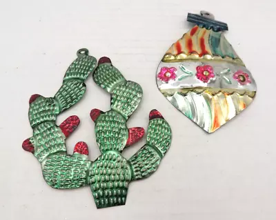 2 Mexican Tin Christmas Ornaments Flowering Cactus + Vintage • $12.50