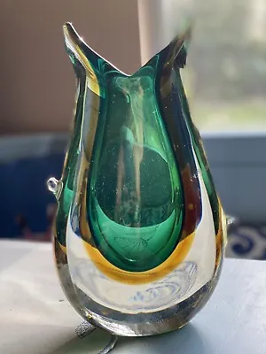 Murano Sommerso Art Glass Fish Tail 10.5  Vase Green In Golden Amber Vintage • $80