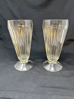 Pair Vintage Clear Tall Ribbed Ice Cream Sundae Milkshake Glasses Heavy EXC *M • $11.95