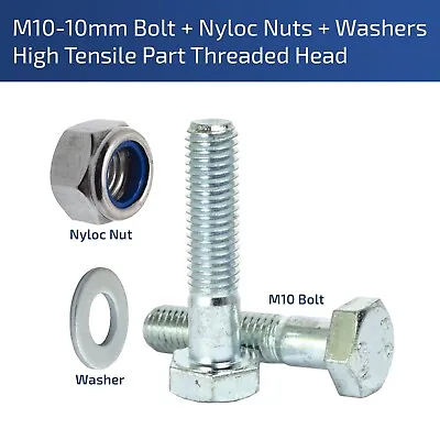M10 - 10mm BOLTS NYLOC NUTS WASHERS HIGH TENSILE PART THREADED HEX HEAD 8.8 ZINC • £1.69