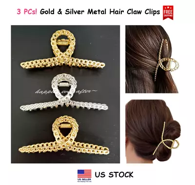 3 PCs Chain Hair Clips 3  Gold & Silver Metal Strong Claw Hair Clips NEW • $8.09