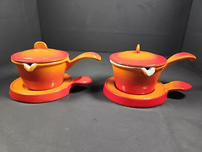 Vintage Descoware Belgium Flame Orange Enamel Cast Iron Butter Warmers READ • $55
