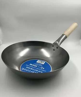 30cm Carbon Steel Wok Deep Chinese Asian Cooking Wooden Handle Stir Fry Pan • £14.99