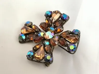 Vtg Signed Regency Maltese Cross Brooch Pin Brown And Iridescent Rhinestones • $110.25