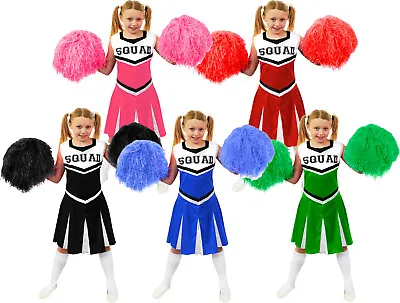 Girls Cheerleader Costume With Jumbo Pom Poms Cheer Leader Squad Fancy Dress • £15.99