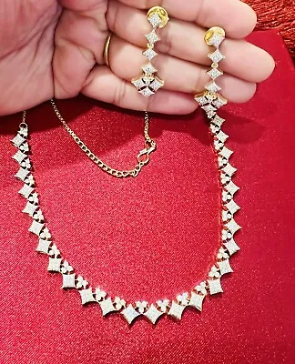 Indian Pakistani 22 Ct Gold Plated Cubic Zirconia Necklace Earrings • £22