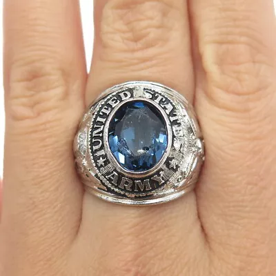 CREST CRAFT 925 Sterling Silver Antique Art Deco Blue Glass US Army Ring Size 8 • $157.99