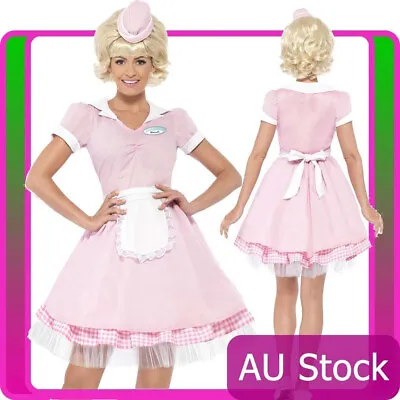 $56.99 • Buy 50s Diner Girl Costume Ladies 1950s 50's Rock N Roll Grease Waitress Fancy Dress