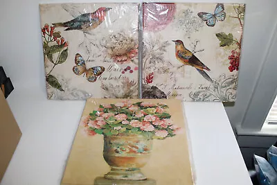 Canvas Wall Art 3 Pieces 12x12 In Beautiful Birds Butterflies And Flowers NEW • $24.99