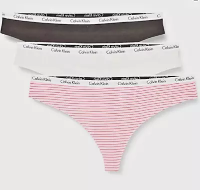 Calvin Klein Ladies Thong 3 Pack Rainer Feeder Stripe/Snow Heather/Black ES 3XL • £29.50