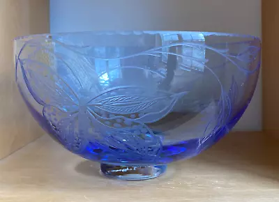 Beautiful Signed Blue Butterfly Hand Etched Crystal Bowl By Catherine Miller • $1500