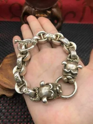 Asian Chinese Old Miao Silver Hand Cast Dog Statue Bracelet Jewel Cool Gift • $17.99