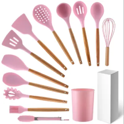 $35.98 • Buy 12pcs Silicone Utensils Wooden Handle Cooking Kitchen Baking Cookware BPA Free