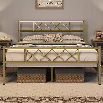 Wrought Iron Queen Bed FrameMetal Antique Gold Platform With Headboard And Foot • $121.99