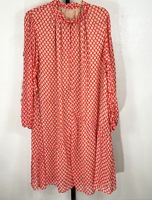 Marc Cain Orange/Pink/Nude Print Shift Dress Ruffle Collar SZ N5/US SZ 12 • $125