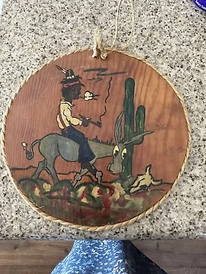 Vintage Hand Painted  Wood Mexican Man Riding Donkey For Hanging • $15