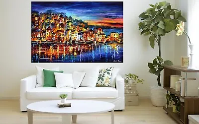 Leonid Afremov SMALL QUIET TOWN Painting Canvas Wall Art Picture Print HOME • £27