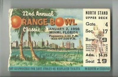 1956 Orange Bowl College Football Ticket Maryland V Oklahoma Sooners Gate 4 17 9 • $75