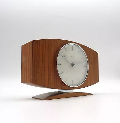  Very Rare Vintage Minimalist Mid Century Chrome & Teak Desk Clock By Junghans  • $828.93