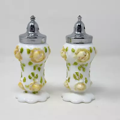 Vtg 1970's Fenton SEARS EXCLUSIVE Painted Cabbage Rose Milk Glass Salt & Pepper • $49.99