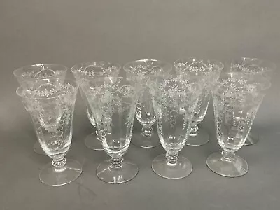 VINTAGE:  (9) FOSTORIA  CORSAGE  ETCHED CRYSTAL ELEGANT GLASS Water  Wine 6  • $85