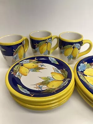 Set Of 3 Baum Bros. Style Eyes Lemons On Blue Collection 10 1/4  Dinner Plates.. • $45