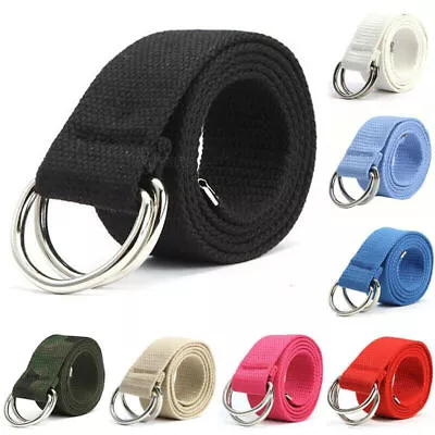 Men Women Canvas Double D Ring Waist Belts Webbing Strap Belt Wide Waistband UK • £8.45