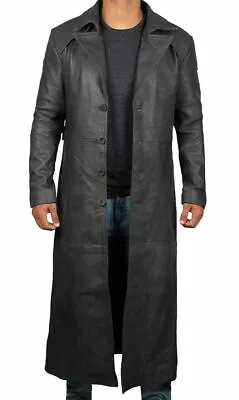 Men's Long Full Length Black Leather Button Front Trench Over Coat Duster Jacket • $79.99
