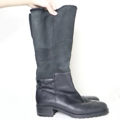 Vintage Saks Fifth Avenue Size 10 Tall Shearling Boots Leather Black Square Toe • $100