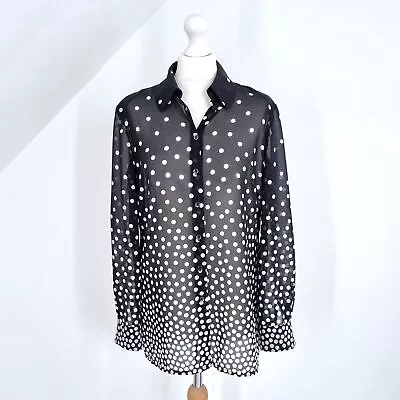 Vintage Jaeger Blouse Polka Dot Black White Shirt 80s Faux Silk Top Print 12 • £28