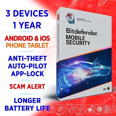 Bitdefender Mobile Security For Android & IOS 3 Devices 1 Year Activation Key • $21.99