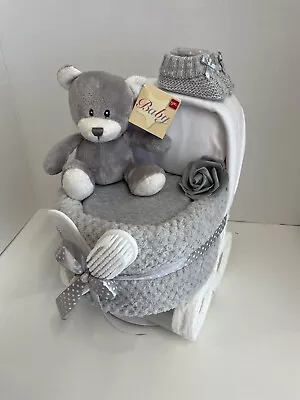 Grey Nappy Cake Pram Baby Gift Hamper Unisex Baby Gift Baby Shower Gift • £49.99