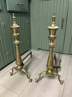 Vintage Brass Cast Iron Federal Style Fireplace Andirons Fire Logs Read* • $39.99