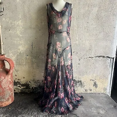 Vintage 1930s Blue & Pink Floral Print Silk Chiffon Bias Cut Dress Gown Vintage • $450