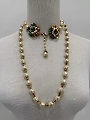 Sign Miriam Haskell Pearl Green/Yellow Rhinestone Huge Flowers Necklace Jewelry • $355