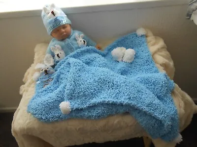 Hand Knitted Blue Blanket.cardigan Set.Newborn Baby /reborn 18-20  *NEW* • £17.50