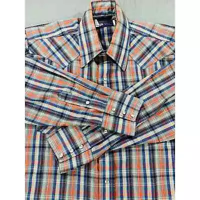 Panhandle Slim Shirt Mens Large 16 Western Plaid Pearl Snap Blue Orange Vintage • $17