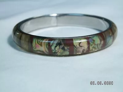 ...Silver Tone Lucite Encased Abalone & Maroon Color Bangle Bracelet... • $12.97