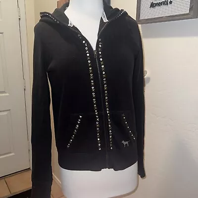 Victoria's Secret PINK Zip Up Hoodie Sweatshirt Black Bling Rhinestone M • $25.99