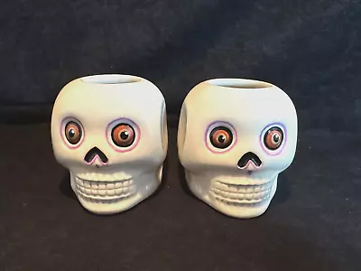 Day Of The Dead Ceramic Sugar Skull Tealight Votive Candle Holder Pair • $11.99