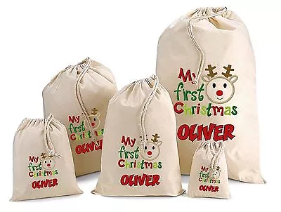 MY FIRST CHRISTMAS Personalised Christmas Cotton Gift Bag Santa Sack  All Sizes • £4.99