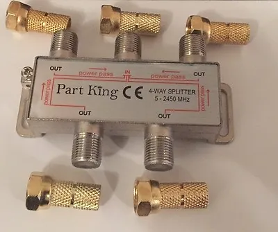 Part King 4 Way Aerial Freeview Virgin Media TV Cable Splitter + Gold F Plugs • £3.75