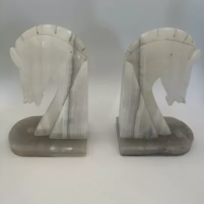 Marble Horse Head Book Ends White Knights 7.5 Inch Bookshelf Decor • $25