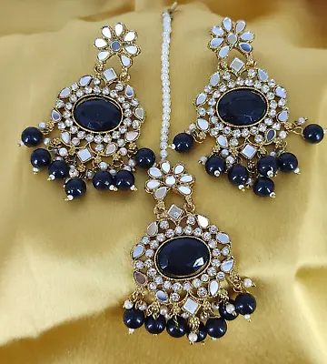 Indian Gold Plated Bollywood Style Glass Kundan Earrings Tikka Black Jewelry Set • $29.99