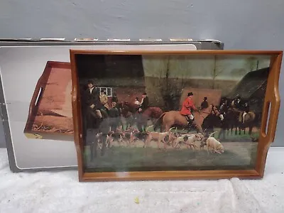 Vintage Wood Serving Tray Hunting With Dogs Decor  • $16.50